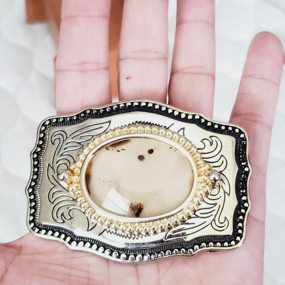 Vintage Cowboy Cowgirl Western Style Belt Buckle Silver Granite Center Collect - Picture 3 of 6